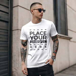 A Model with tattoo wearning white t-shirt mockup