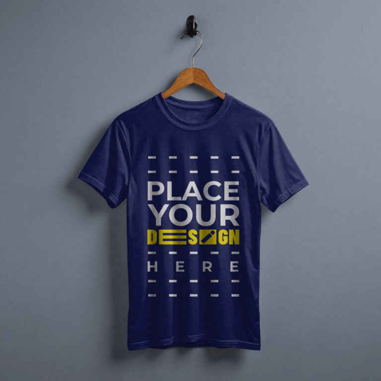 A Navy Blue T-Shirt Mockup on Hanger