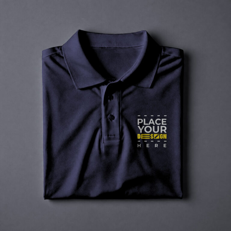 A folded navy blue polo shirt mockup