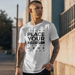 A model with tattoo wearing white t shirt mockup