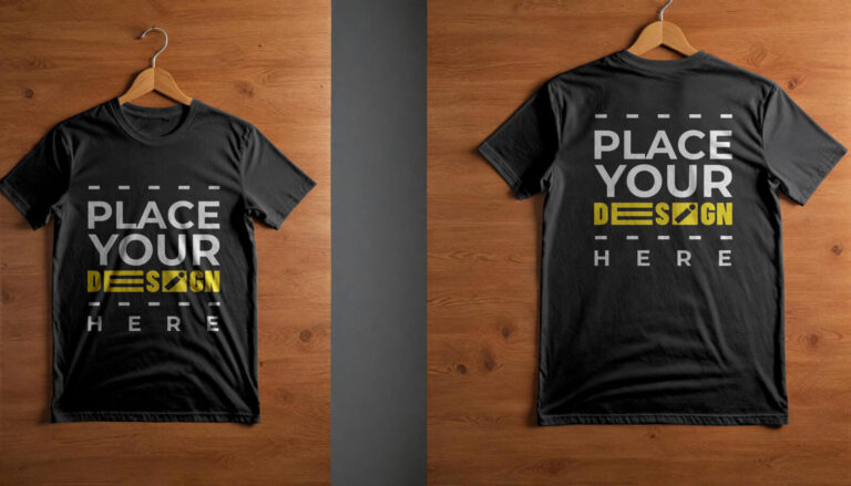 Black T-Shirt Mockup Front and Back View on Wooden Hangers