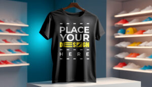 Black T-Shirt Mockup on Hanger in a cloth store