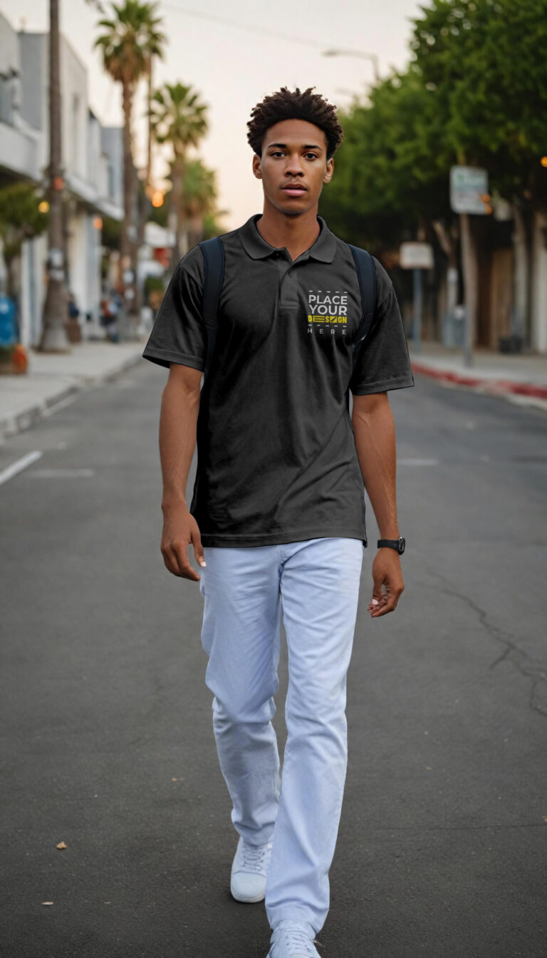 Model walking on street with black polo t-shirt mockup