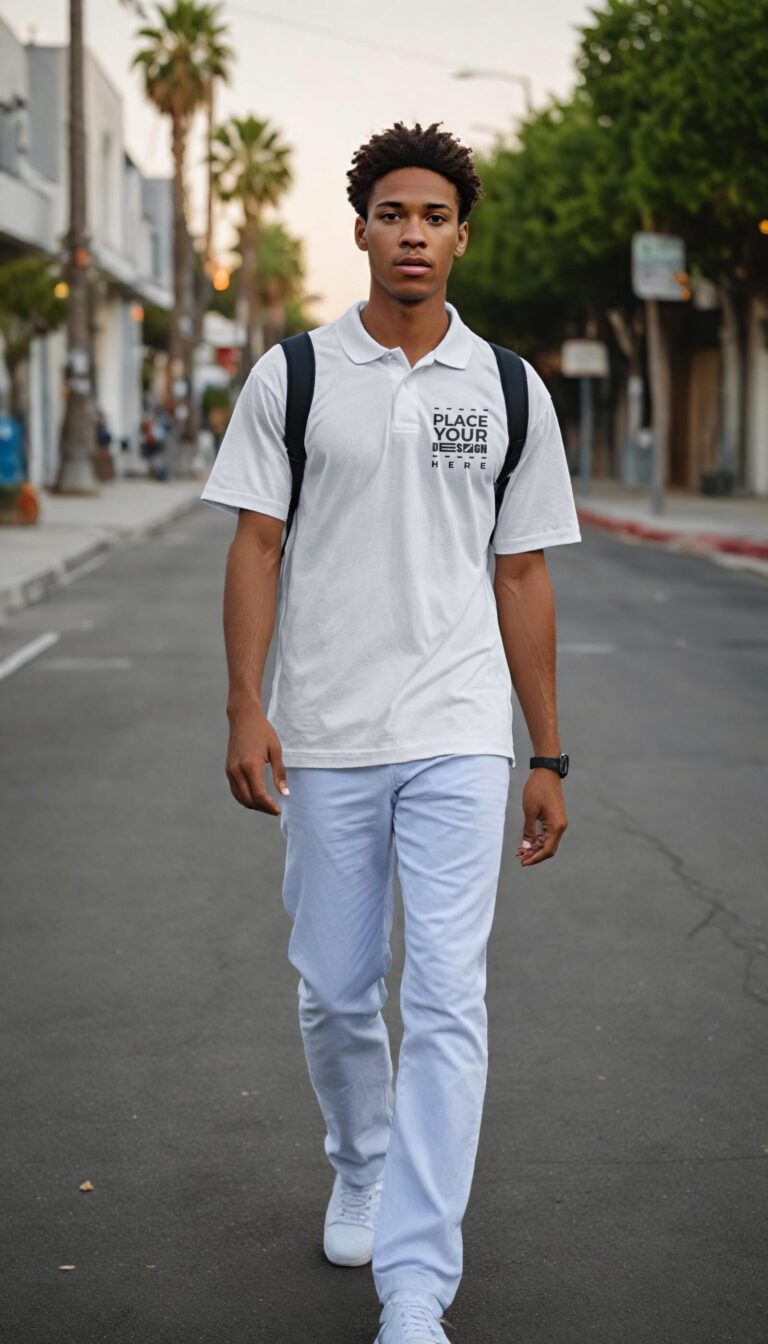Model walking on street with white polo t-shirt mockup