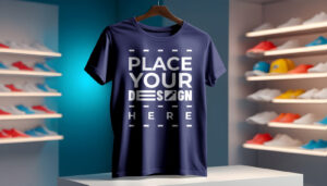 Navy Blue T-Shirt Mockup on Hanger in a cloth store