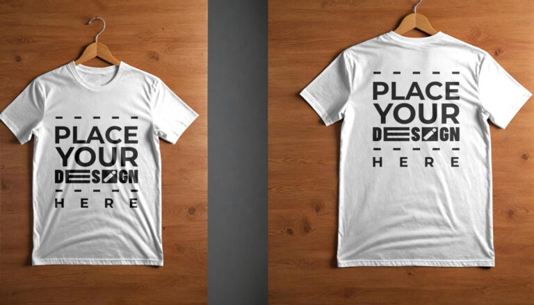White T-Shirt Mockup Front and Back view on table with hanger.