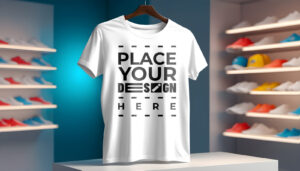 White T-Shirt Mockup on Hanger in a cloth store.