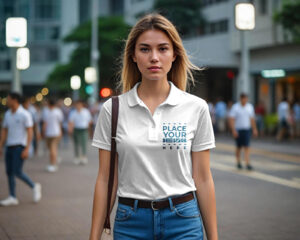 female wearing white polo t-shirt mockup