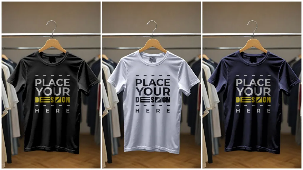 3 t-shirts on hanger in a cloth store mockup